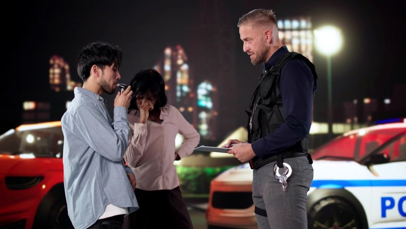 A driver providing a breathalyzer sample during a DUI investigation in Ontario.