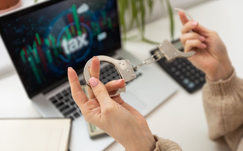Woman in handcuffs beside a laptop, representing criminal exposure and possible imprisonment in Canadian tax evasion and fraud cases.