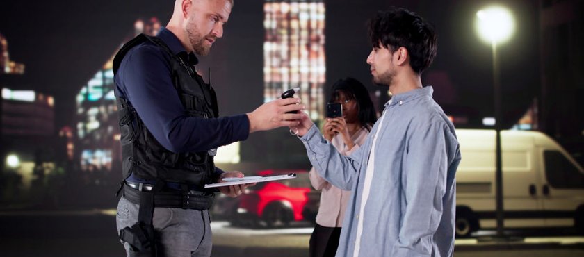 Police officer administering a roadside breath test during an Ontario traffic stop, illustrating mandatory alcohol screening and the legal requirement to comply.
